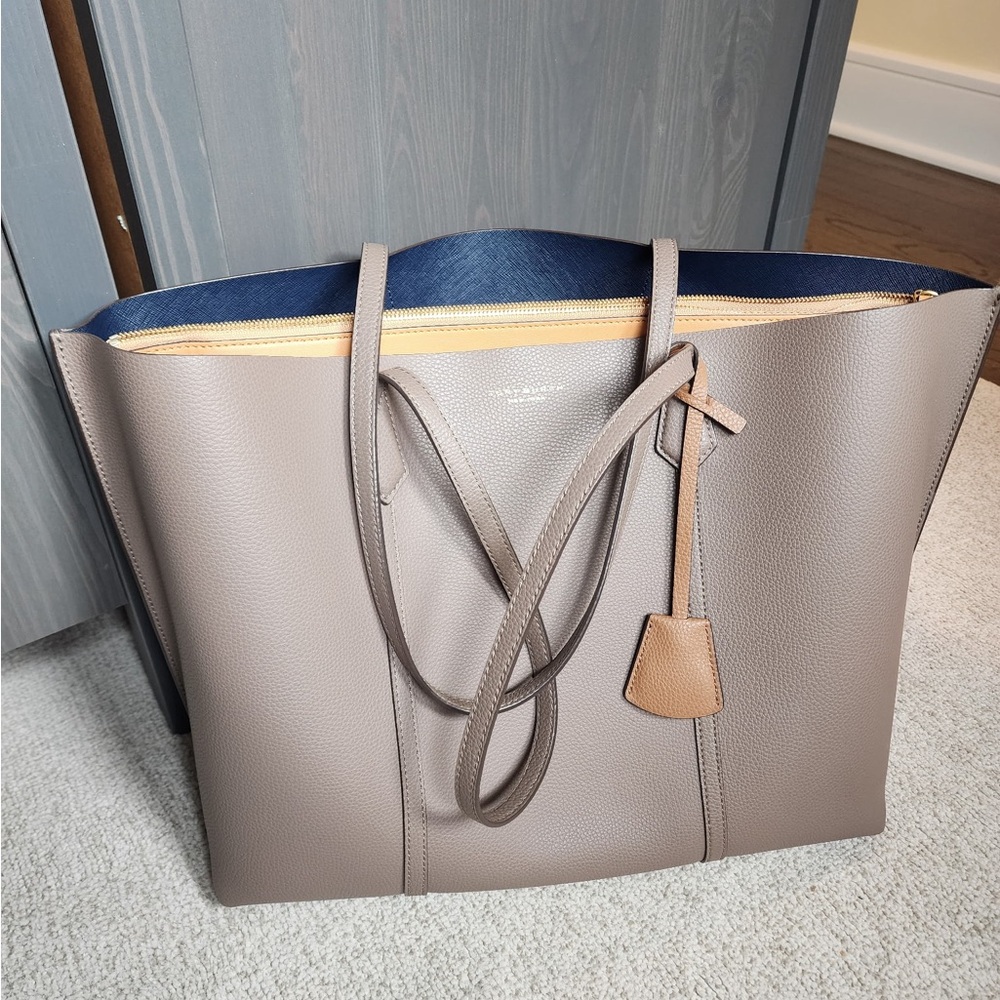 Tory Burch Taupe Leather Tote with Yellow Accent - Picture 2 of 6